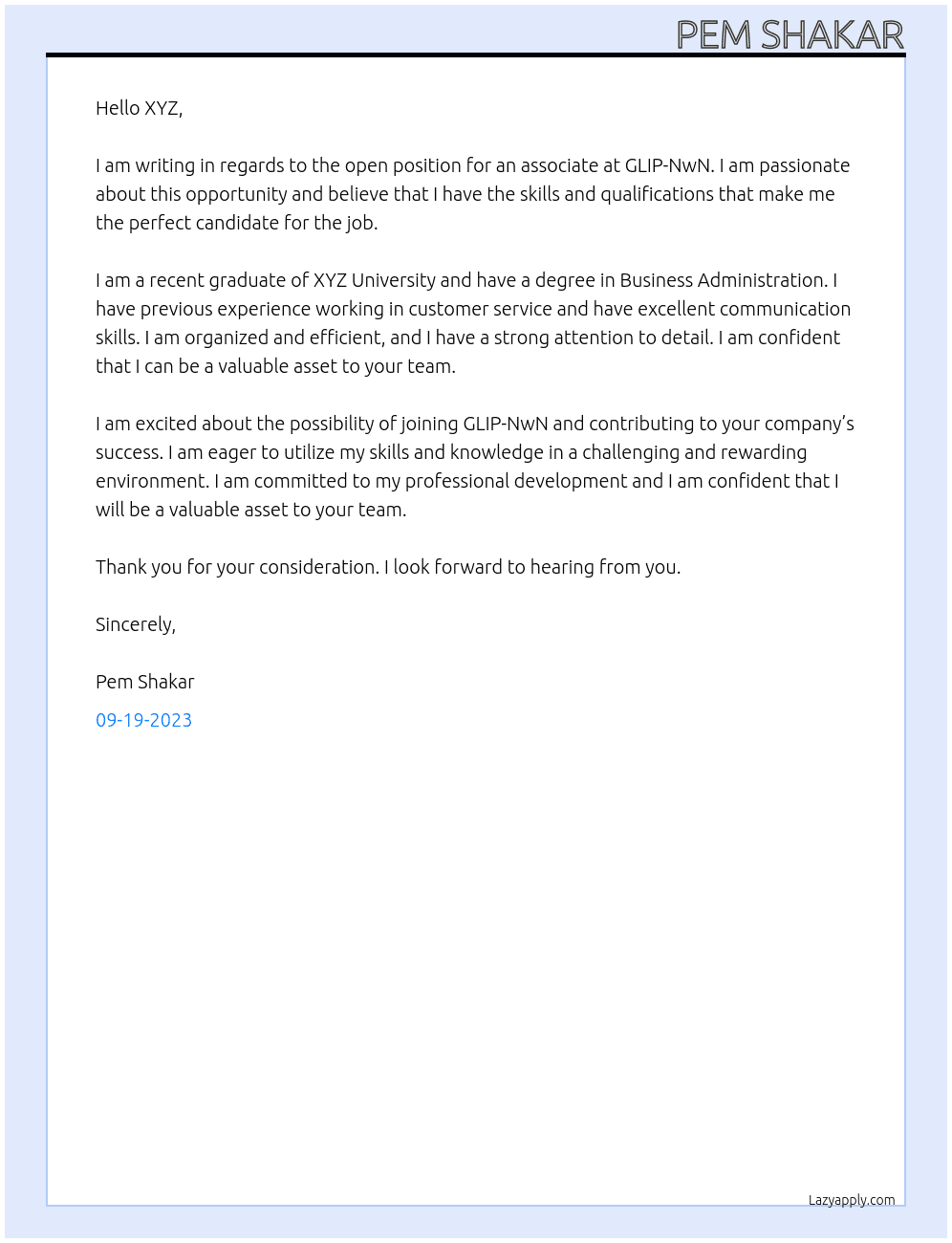 associate At GLIP-NwN Cover Letter