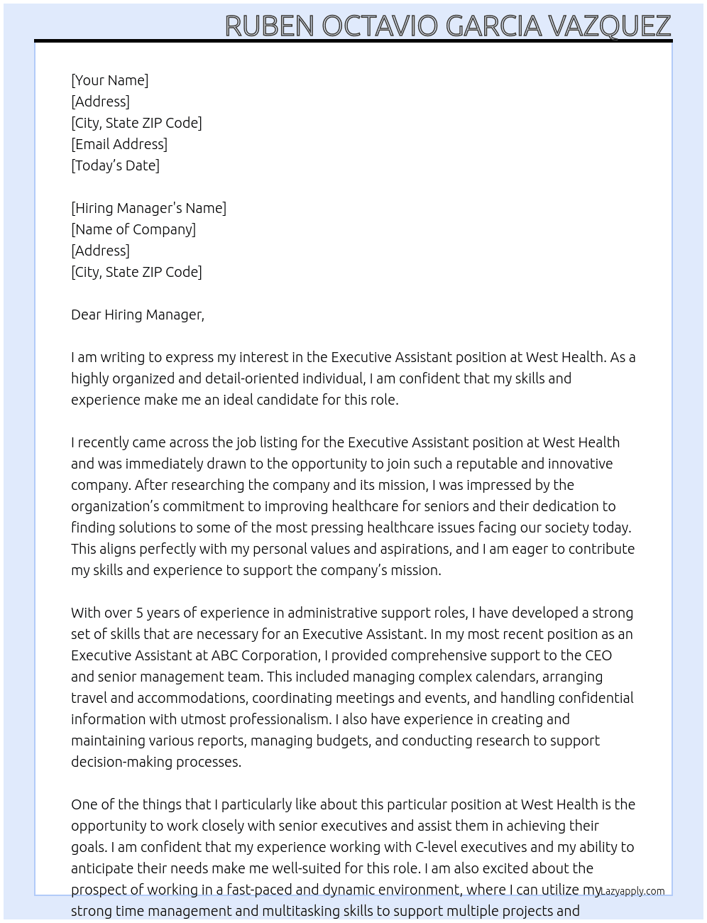 Executive Assistant At West Health Cover Letter