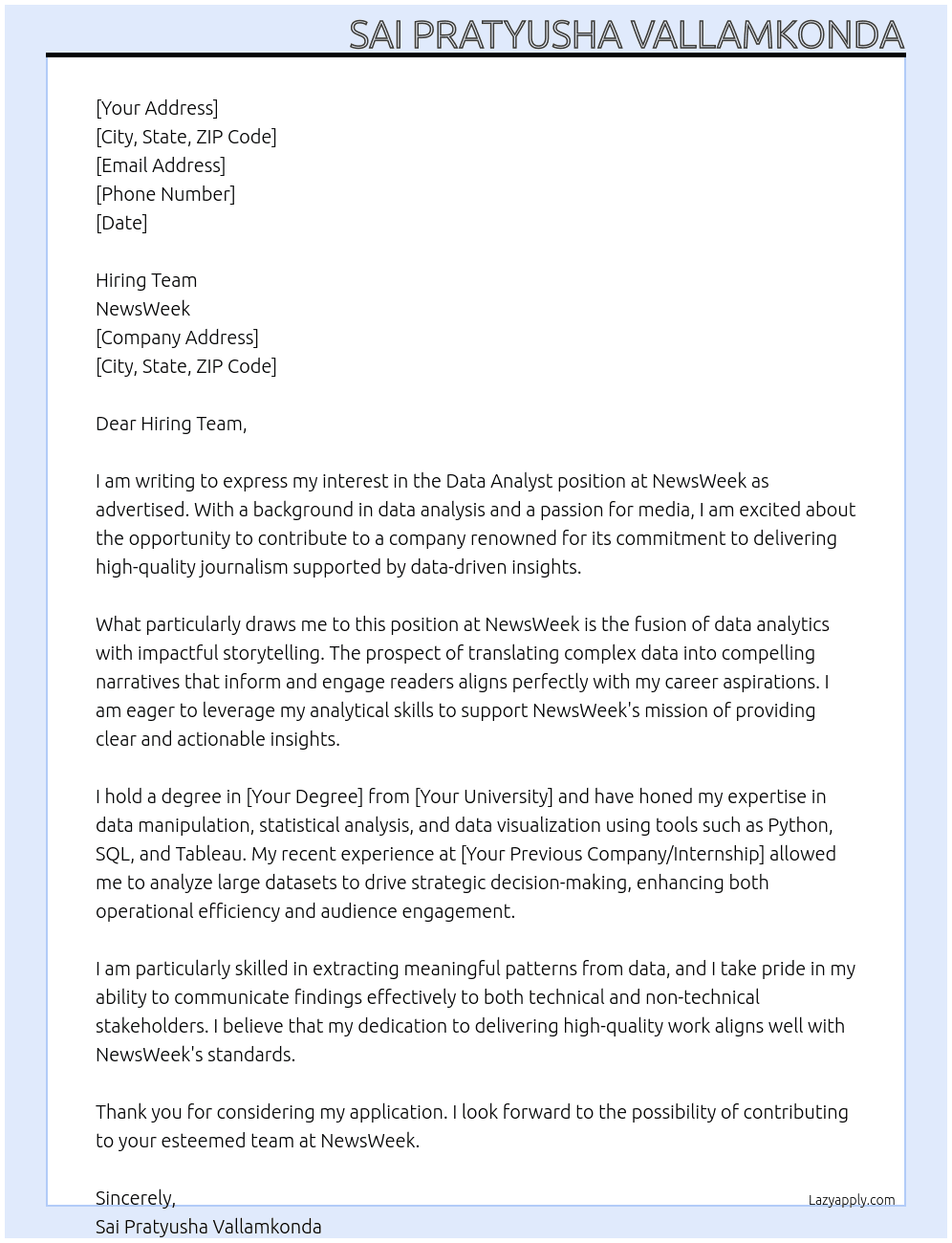 Data Analyst At NewsWeek Cover Letter