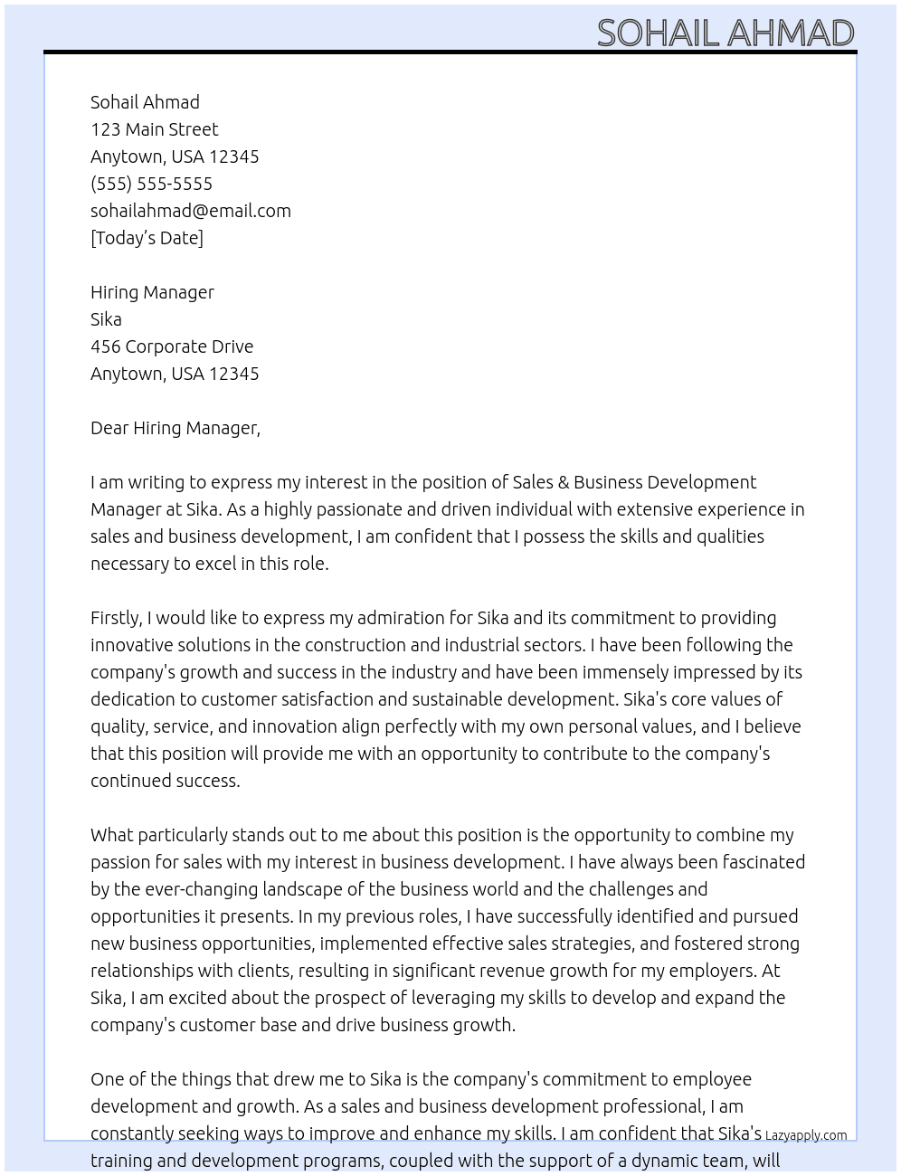 Sales & Business Development Manager At Sika Cover Letter