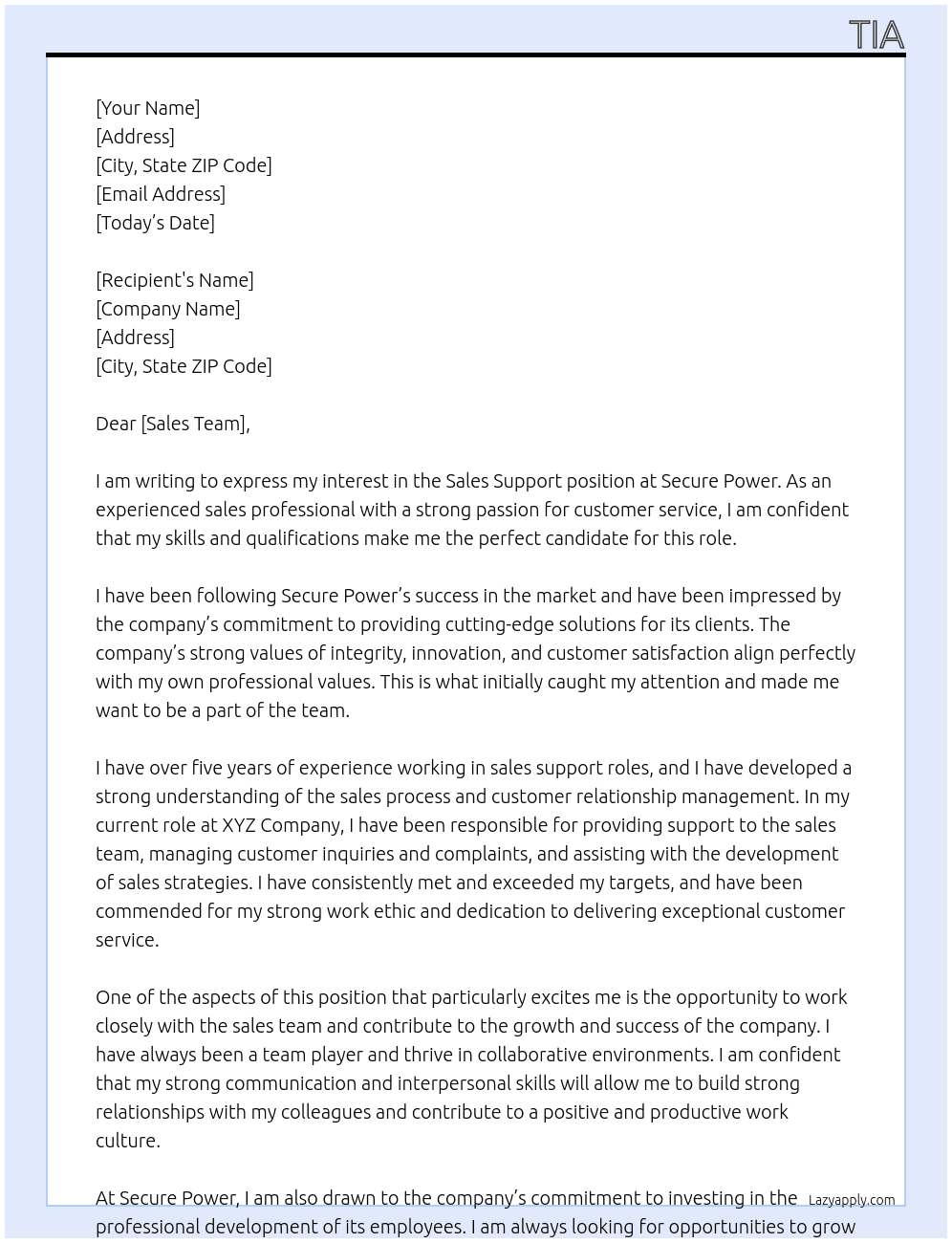 Sales Supprot At Secure Power Cover Letter