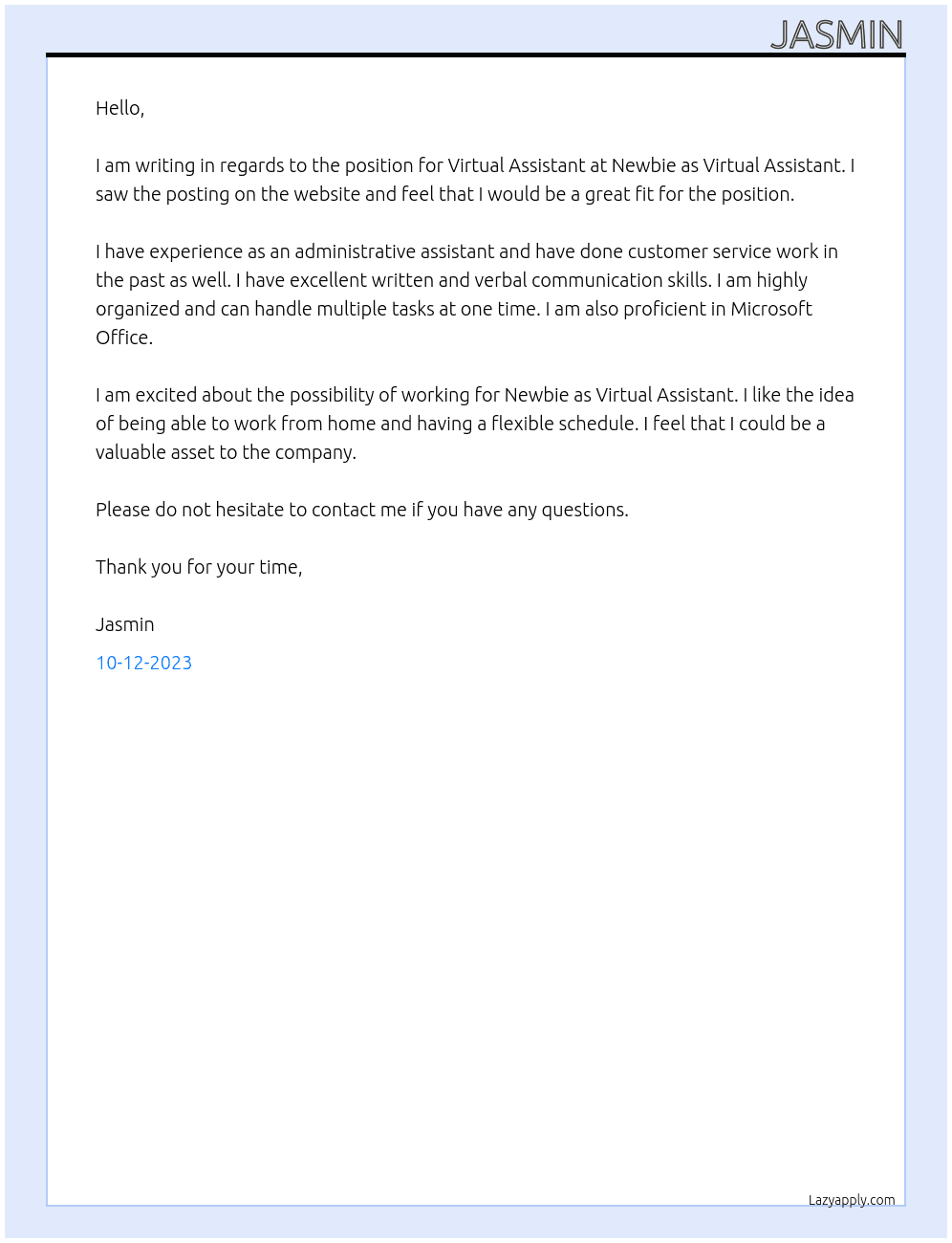 Virtual Assistant At Newbie as Virtual Assistant Cover Letter