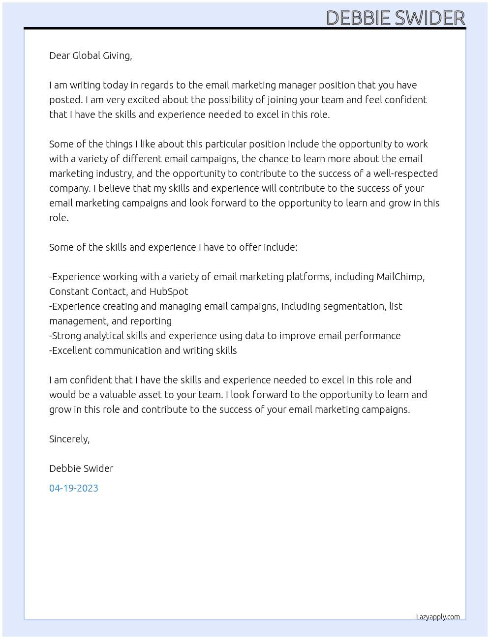 Email Marketing Manager At Global Giving Cover Letter