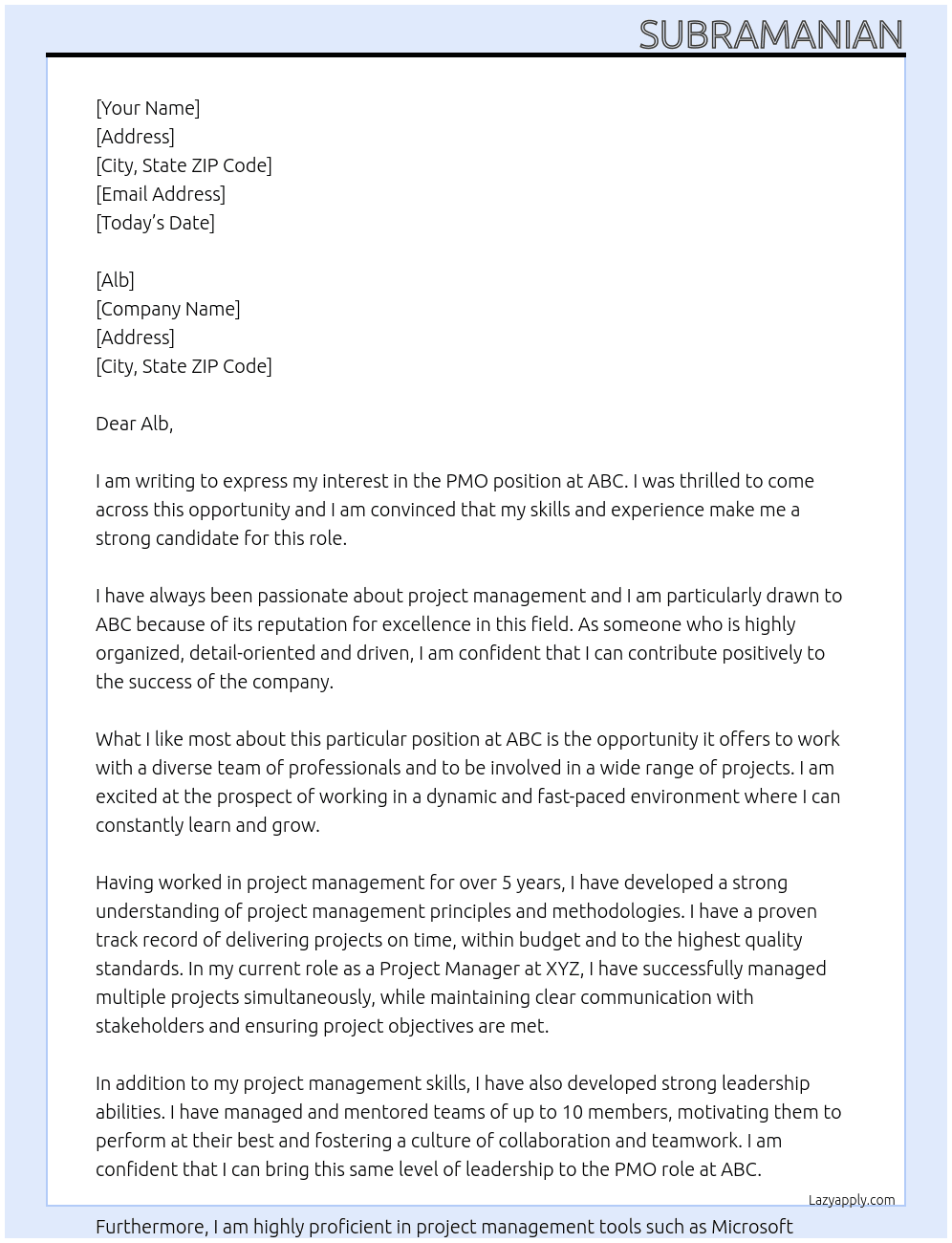 PMO At ABC Cover Letter