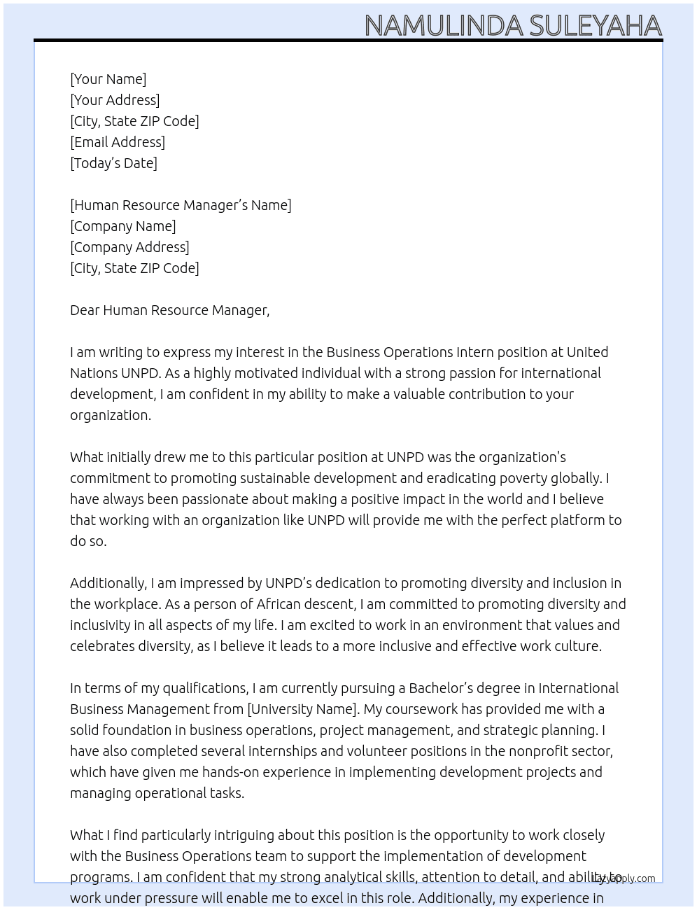 Business Operations Intern At United Nations UNPD Cover Letter