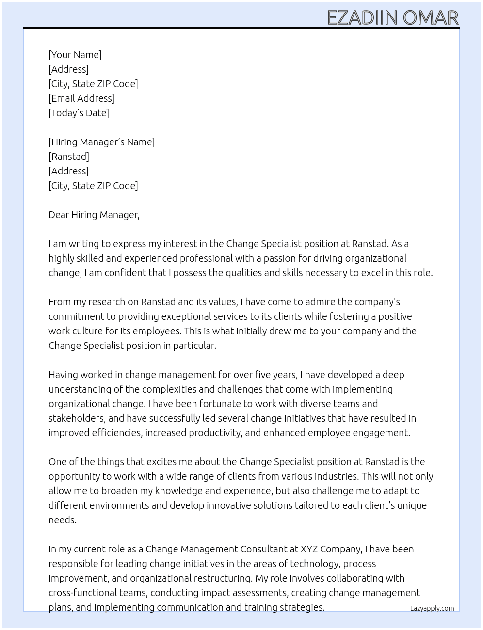 Change Specialist At Ranstad Cover Letter