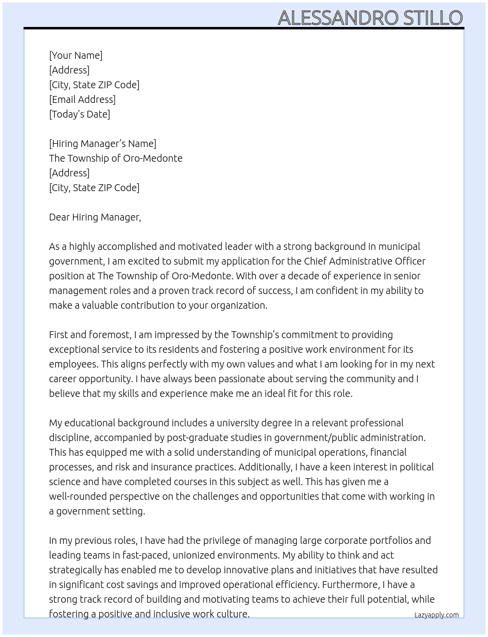 Chief Administrative Officer At The Township of Oro-Medonte Cover Letter