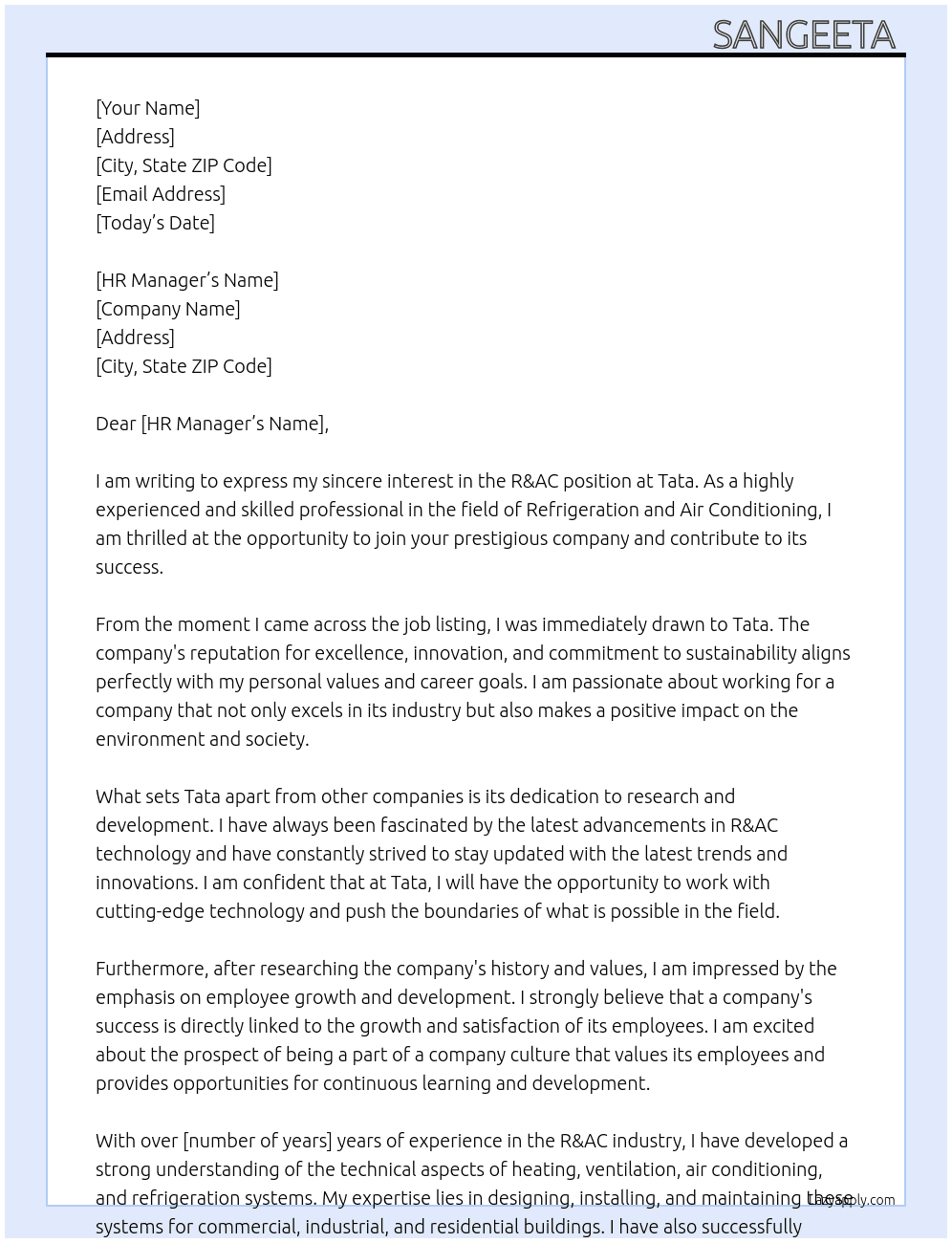 R&AC At Tata Cover Letter