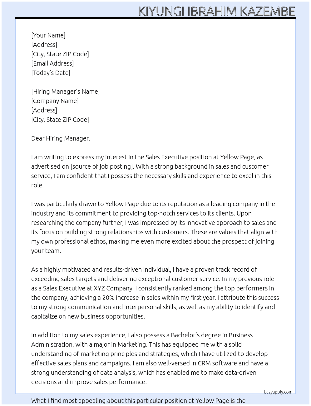 Sales Executive At Yellow Page Cover Letter
