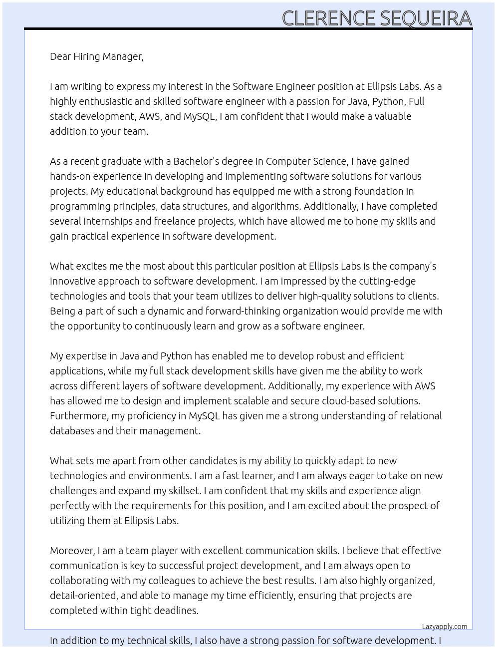 Software Engineer At Ellipsis Labs Cover Letter
