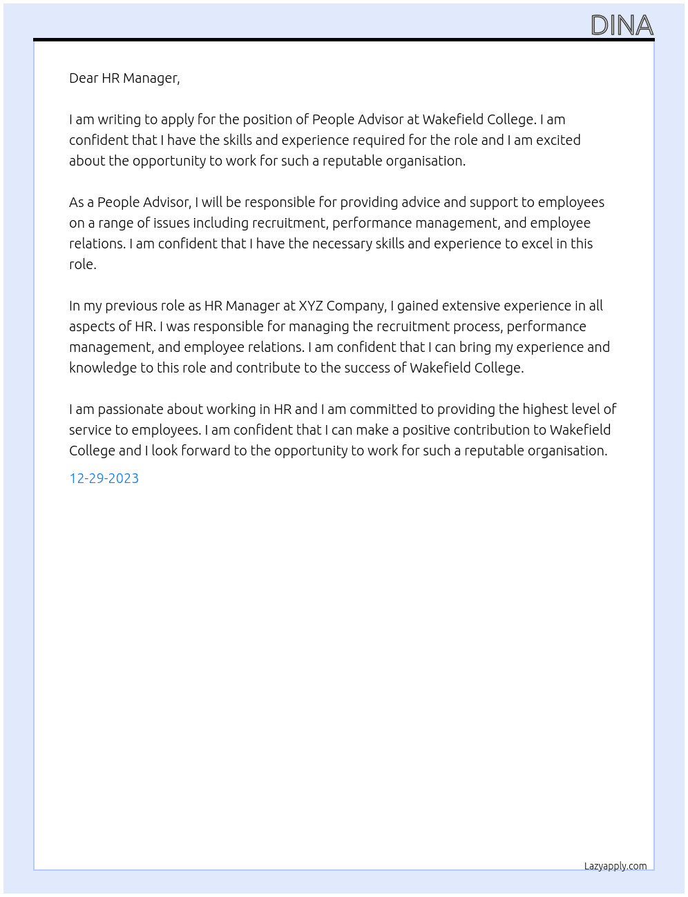 People Advisor At Wakefield College Cover Letter