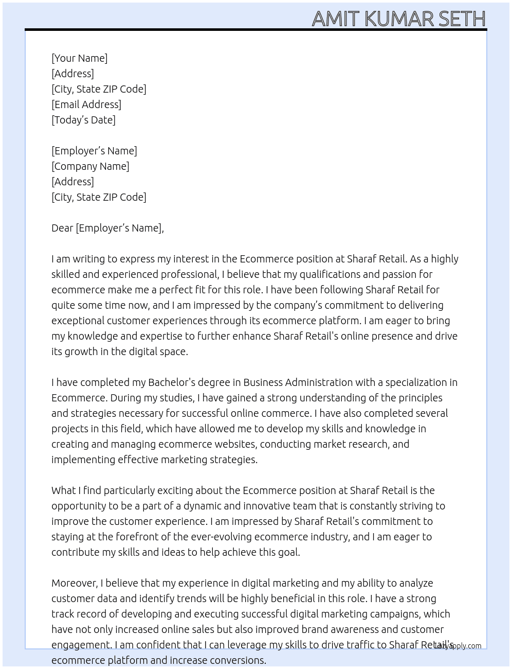 Ecommerce  At Sharaf Retail Cover Letter