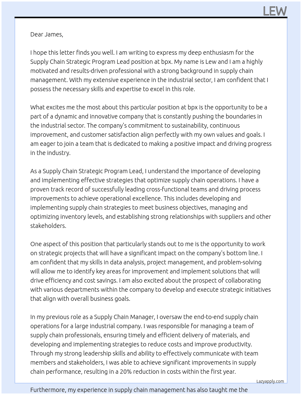 Supply Chain Strategic Program Lead - Industrial At bpx Cover Letter