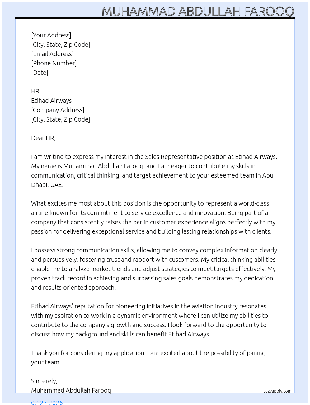 Sale representative At Etihad Airways  Cover Letter
