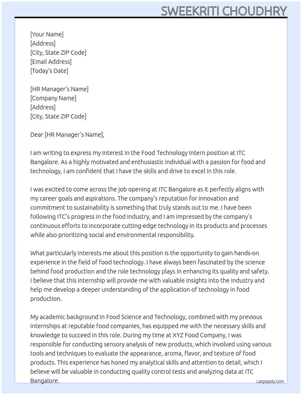 Food Technology Intern At ITC Bangalore  Cover Letter