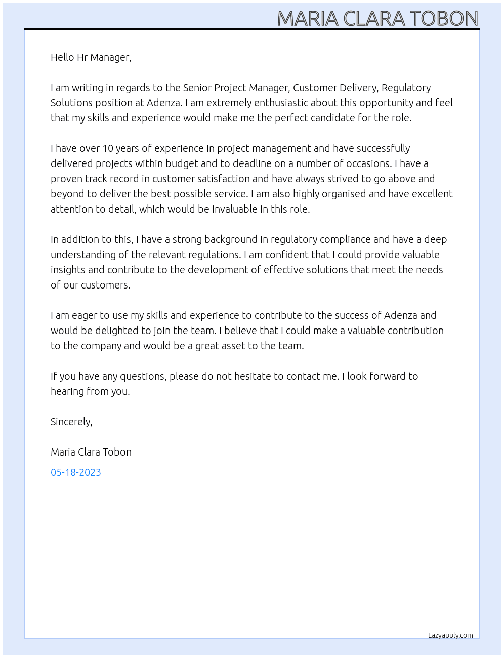 Senior Project Manager, Customer Delivery, Regulatory Solutions At Adenza Cover Letter