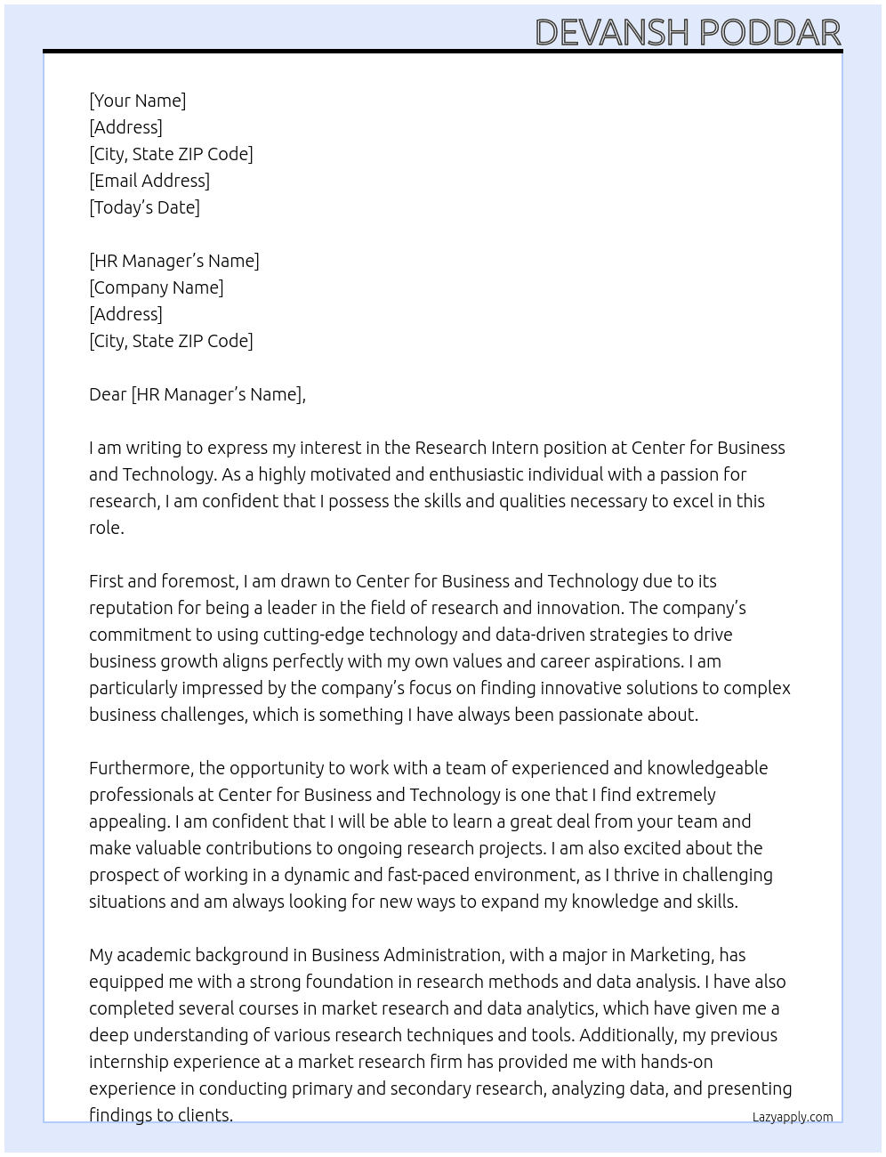 research intern At Center for business and technology Cover Letter
