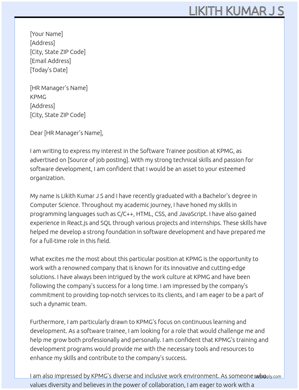 Software trainee At KPMG Cover Letter