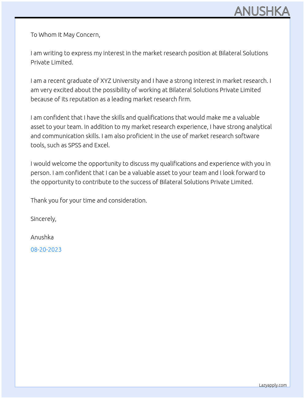market research  At Bilateral Solutions Private Limited Cover Letter
