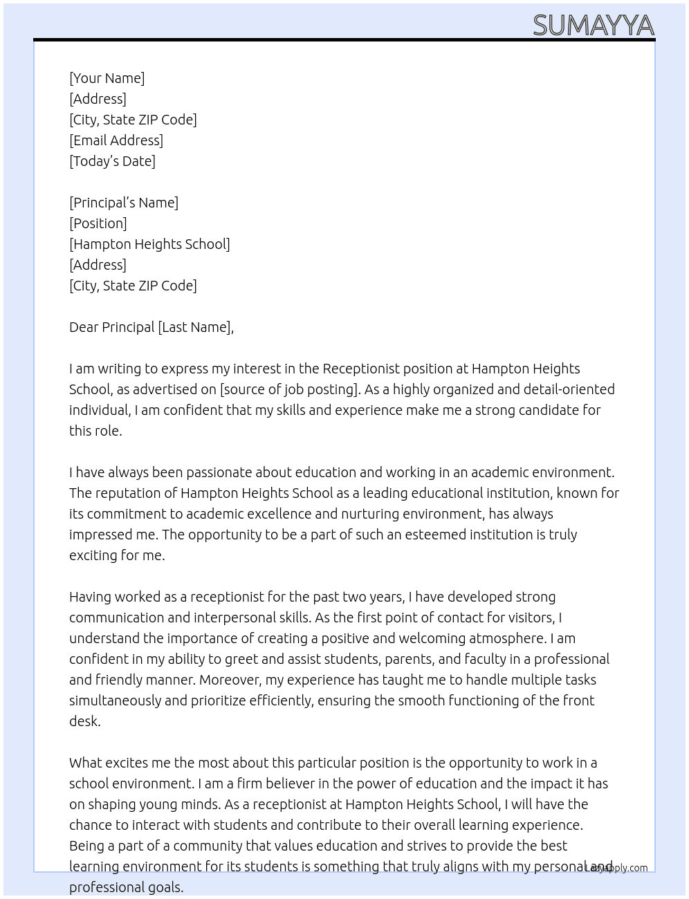 receptionist At hampton heights school Cover Letter