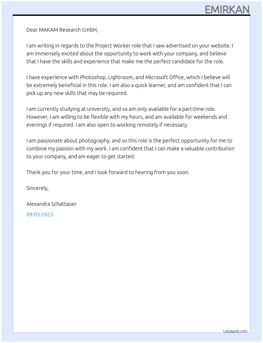 Project Worker At MAKAM Research GmbH Cover Letter