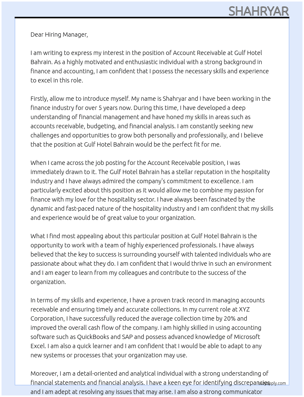 Account receivable At Gulf hotel Bahrain Cover Letter