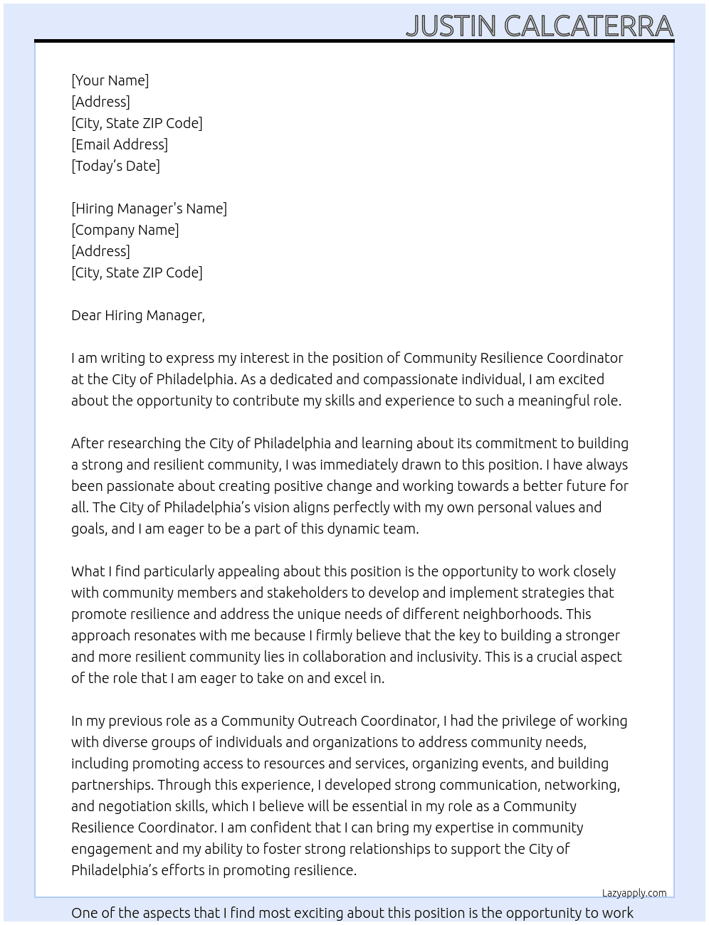 Community Resilience Coordinator At City of Philadelphia Cover Letter