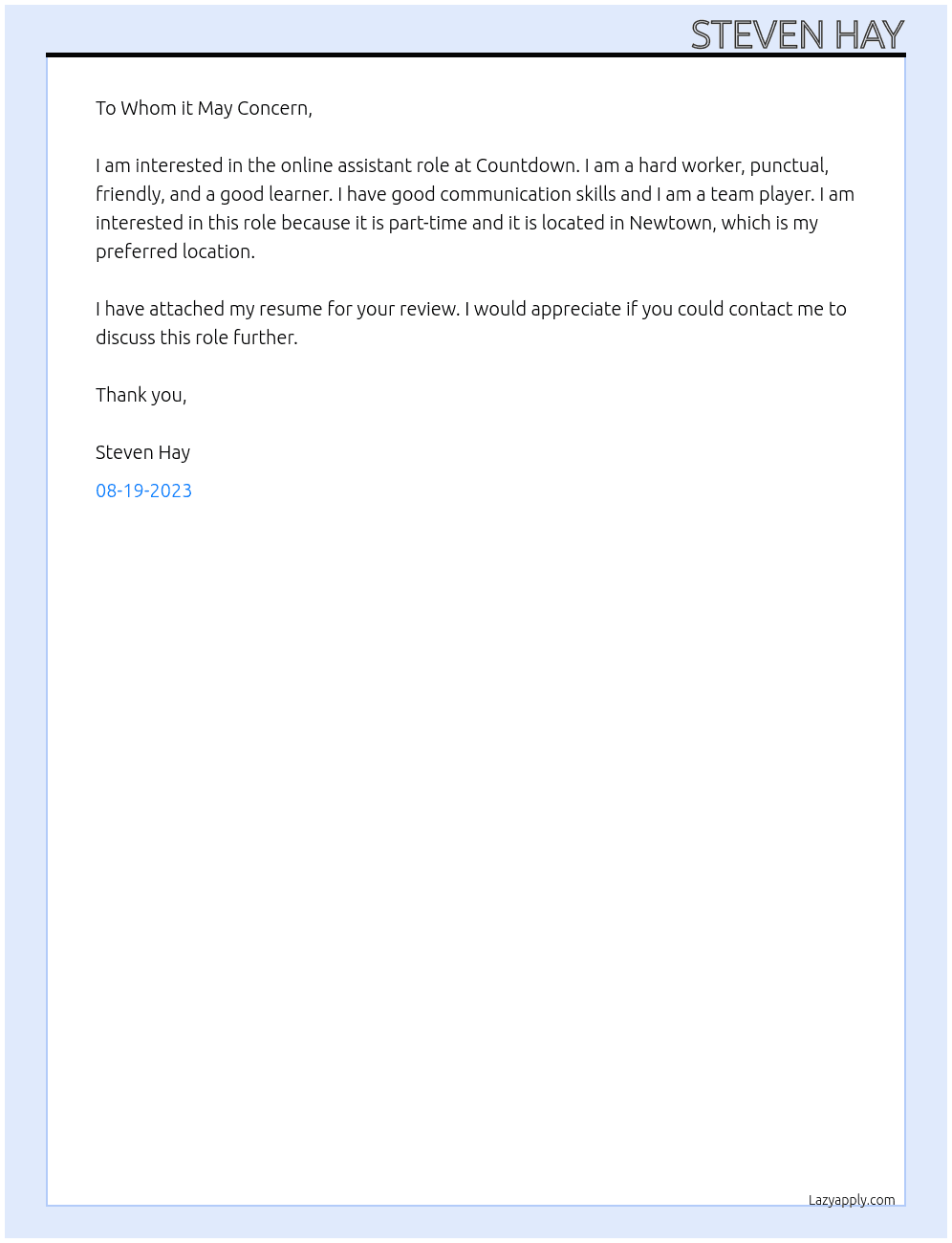 Online Assistant  At Countdown  Cover Letter