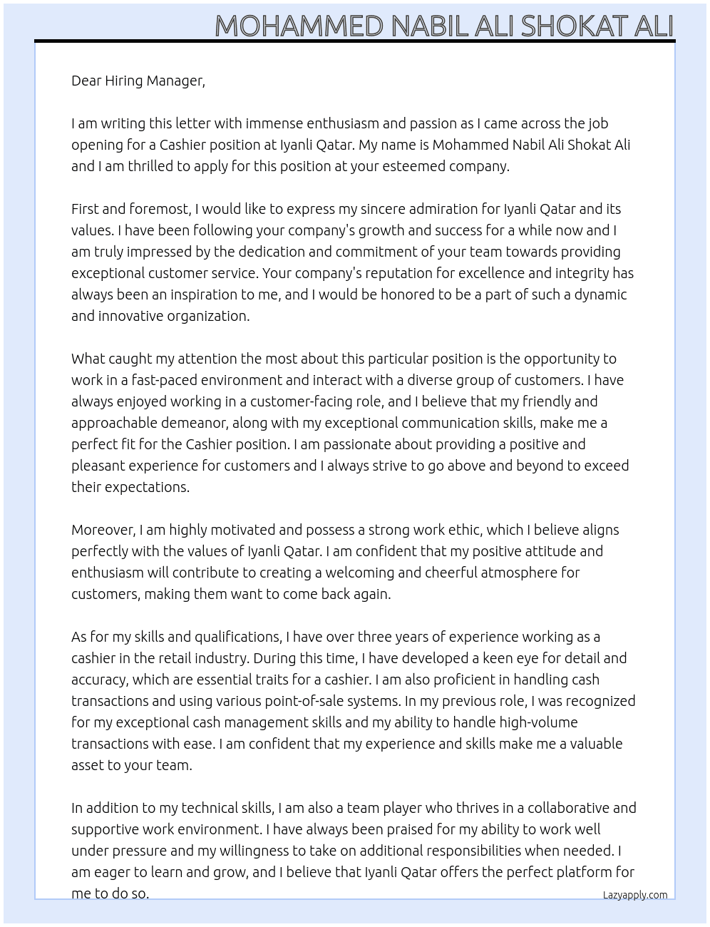 cashier At Iyanli Qatar Cover Letter