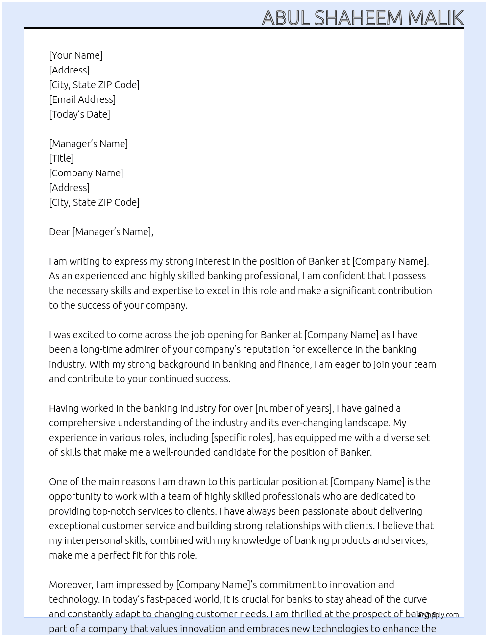 Banker At Bank Cover Letter
