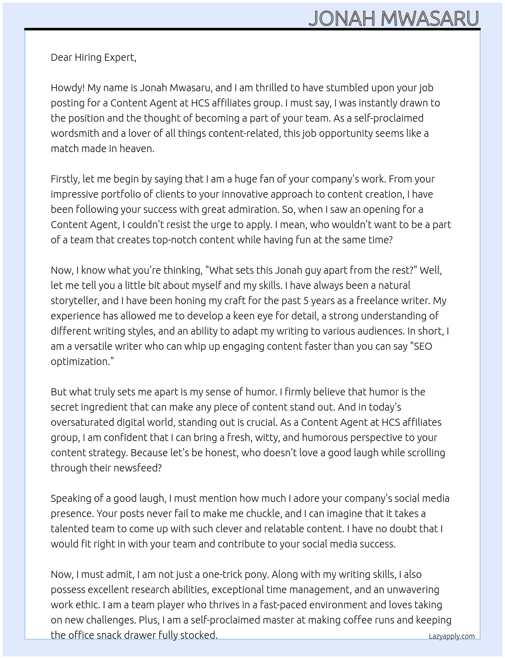 Cover letter for content agent - LazyApply