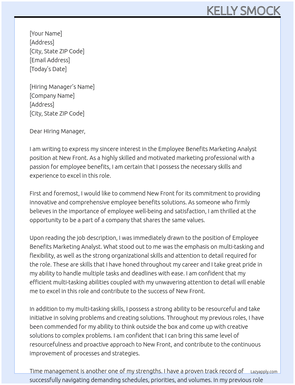 Employee Benefits Marketing Analyst At New Front Cover Letter