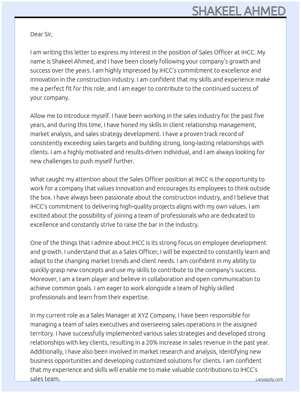 Sales officer  At IHCC Cover Letter