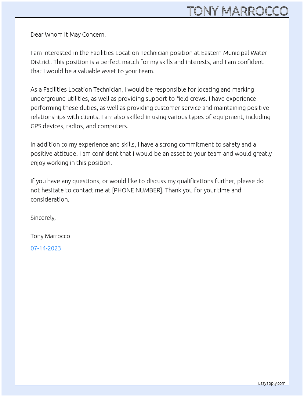Facilities Location Technician At Eastern Municipal Water District Cover Letter
