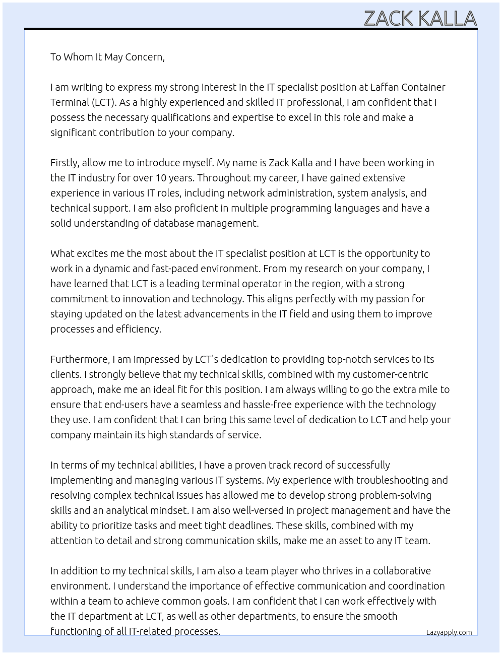 IT specialist  At Laffan Container Terminal (LCT). Cover Letter