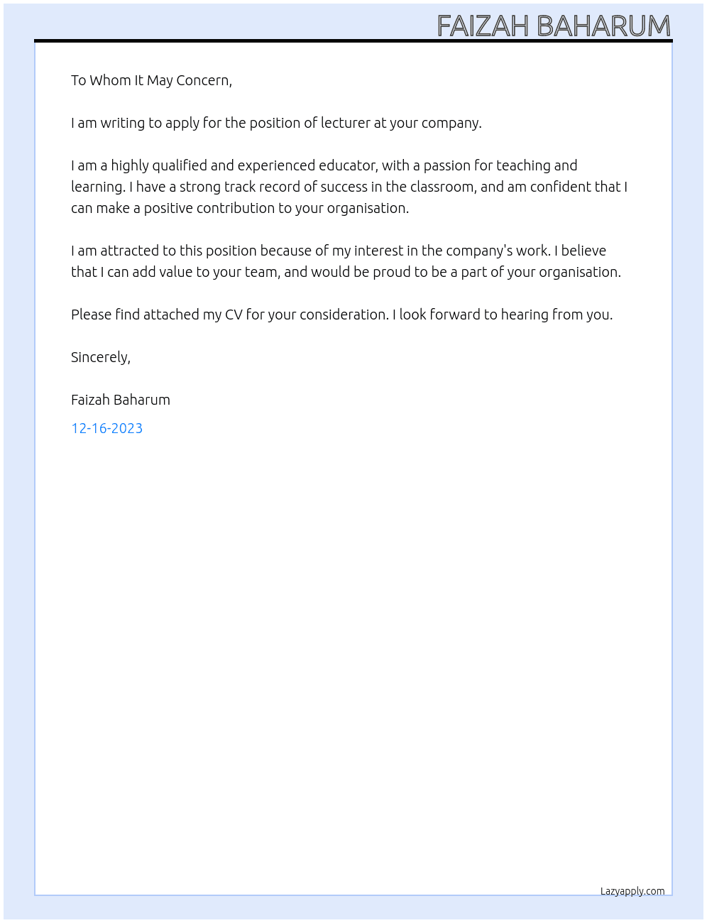 LECTURER At faizah Cover Letter