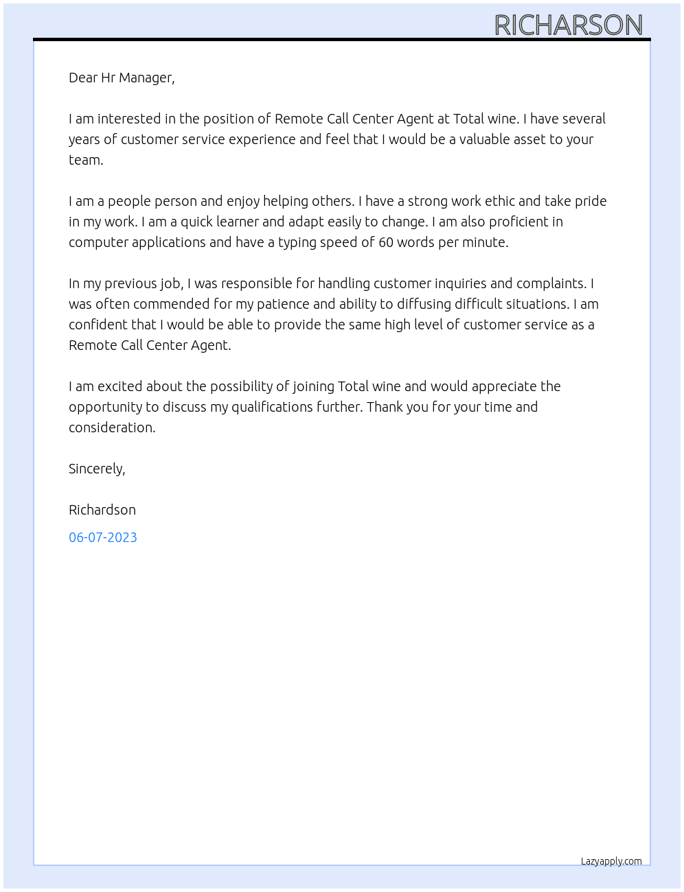 Remote Call Center Agent At Total wine Cover Letter