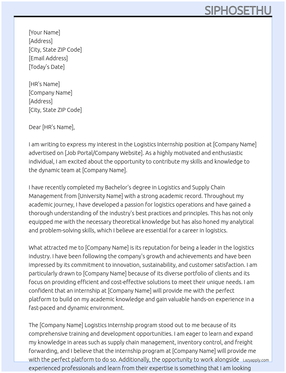 logistics internship At frogg Cover Letter