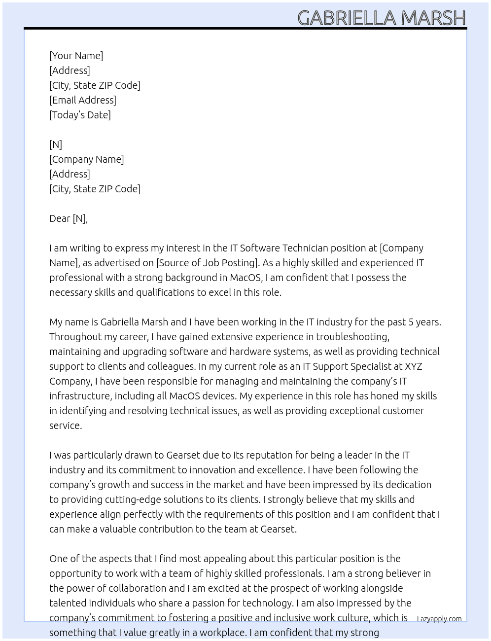 IT Software Technician At Gearset Cover Letter