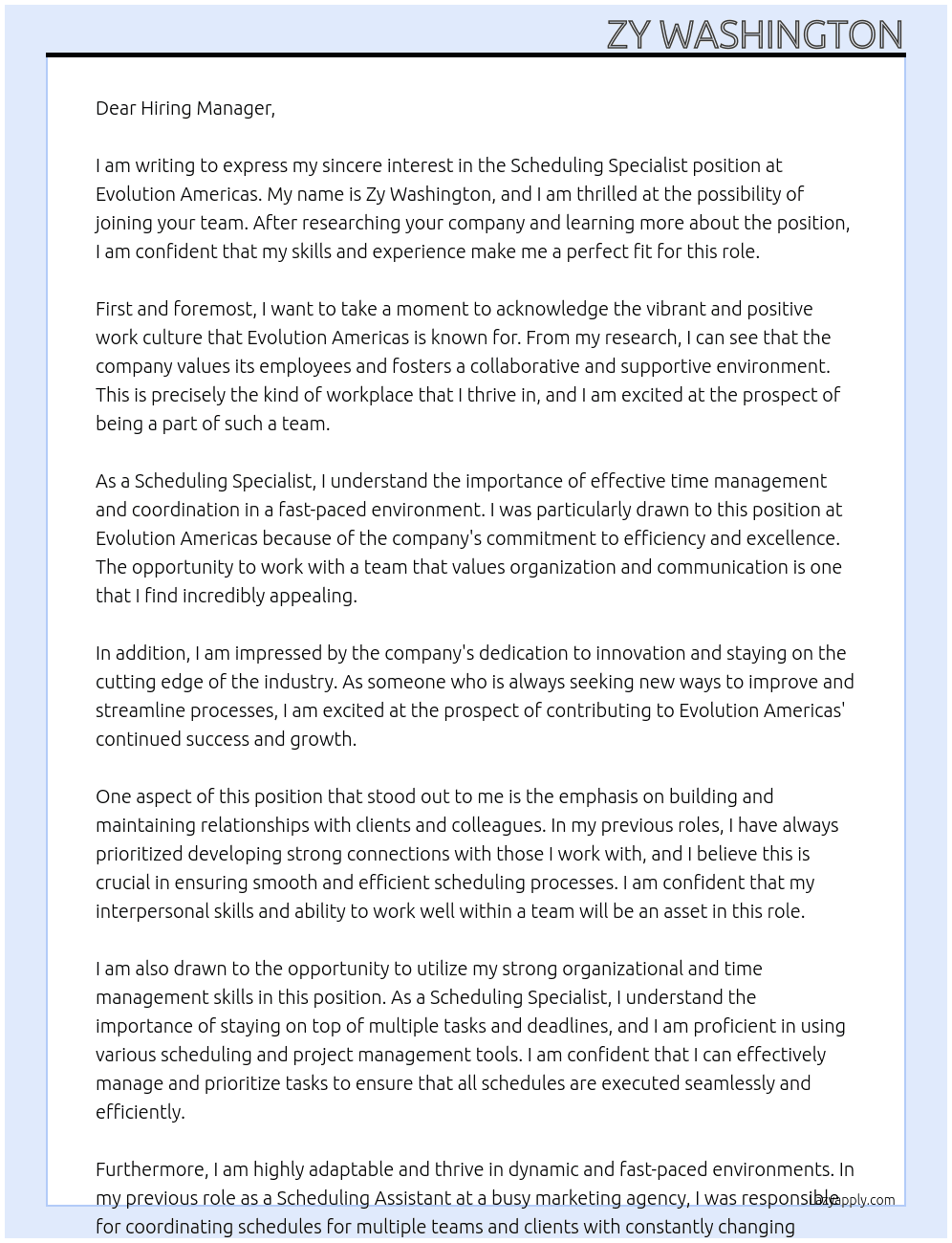 Scheduling Specialist At Evolution Americas Cover Letter