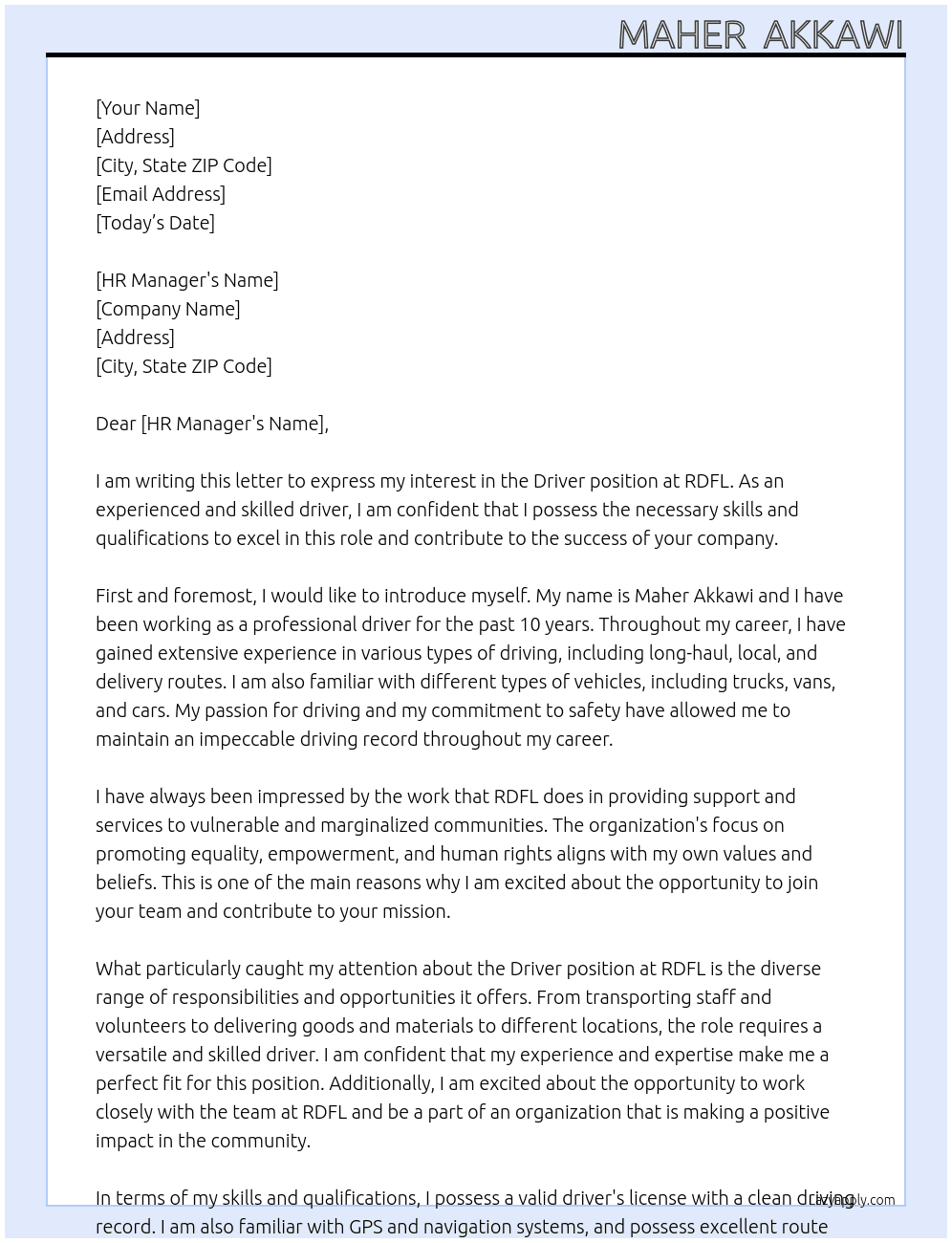 Driver At RDFL Cover Letter