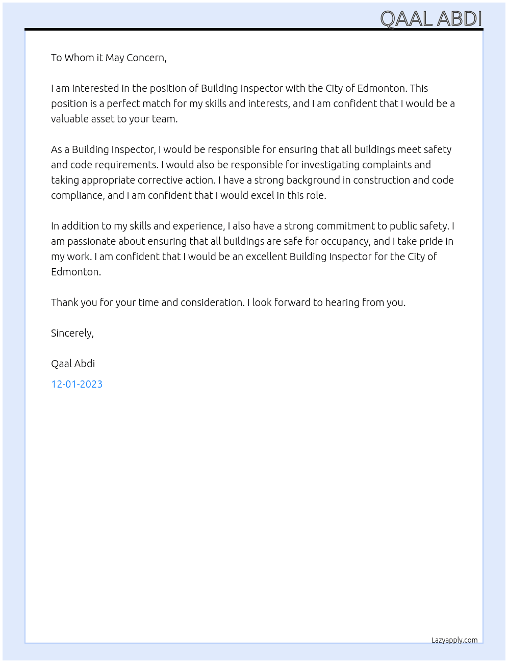 Building Inspector At City of Edmonton Cover Letter