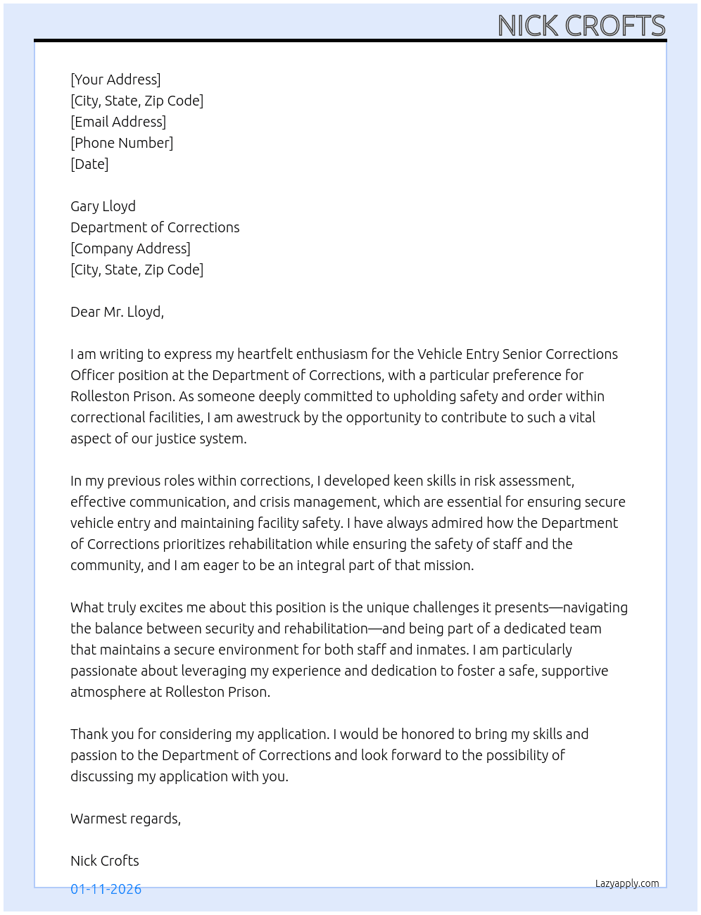 Cover letter for vehicle entry senior corrections officer - LazyApply