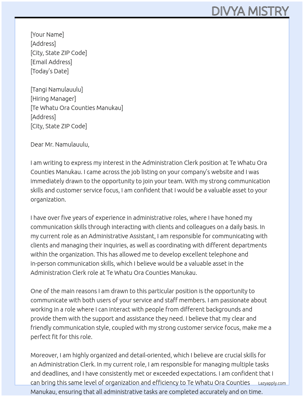 Administration Clerk At Te Whatu Ora Counties Manukau Cover Letter
