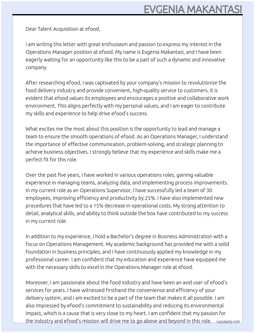 Operations Manager At efood Cover Letter