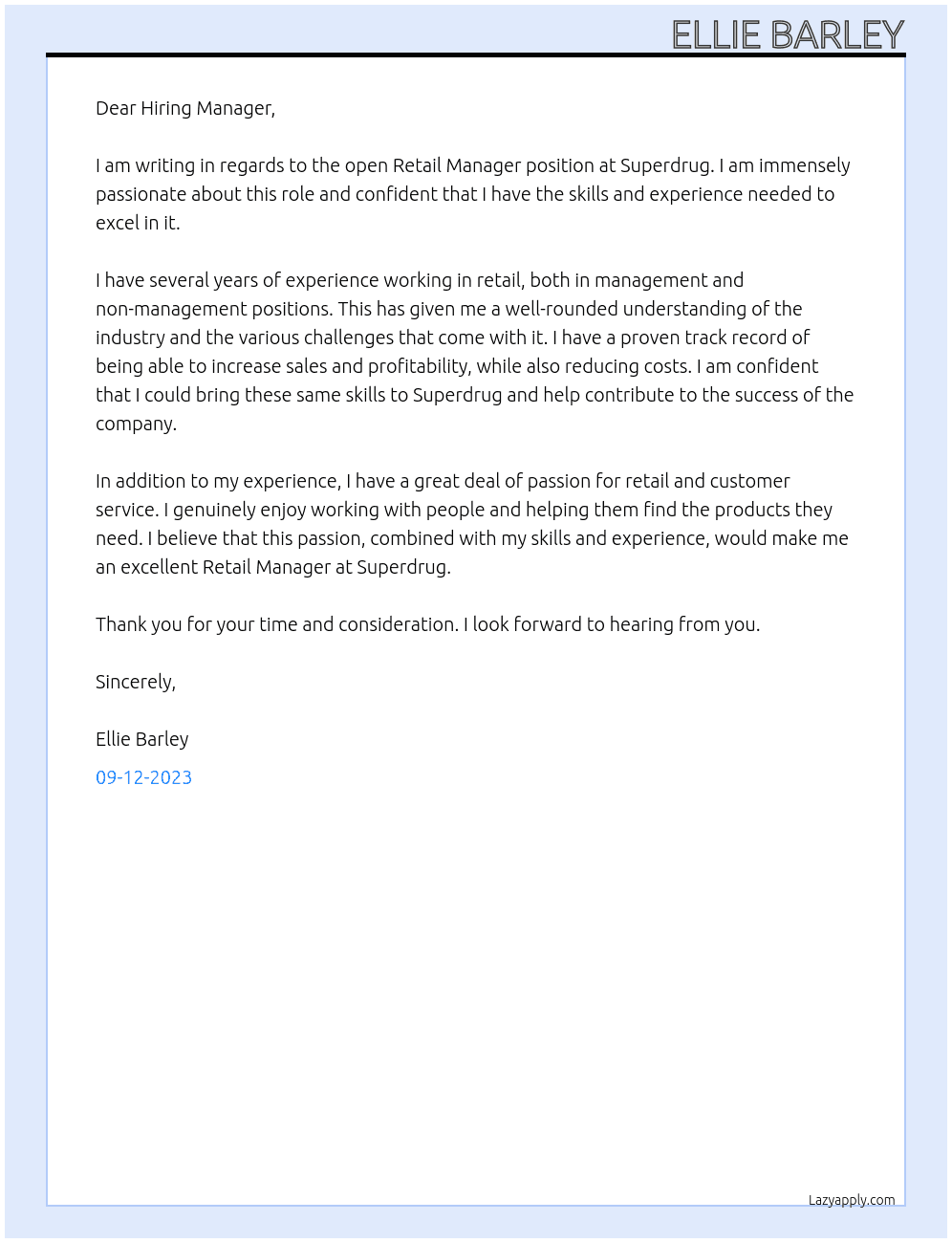 Retail manager  At Superdrug  Cover Letter