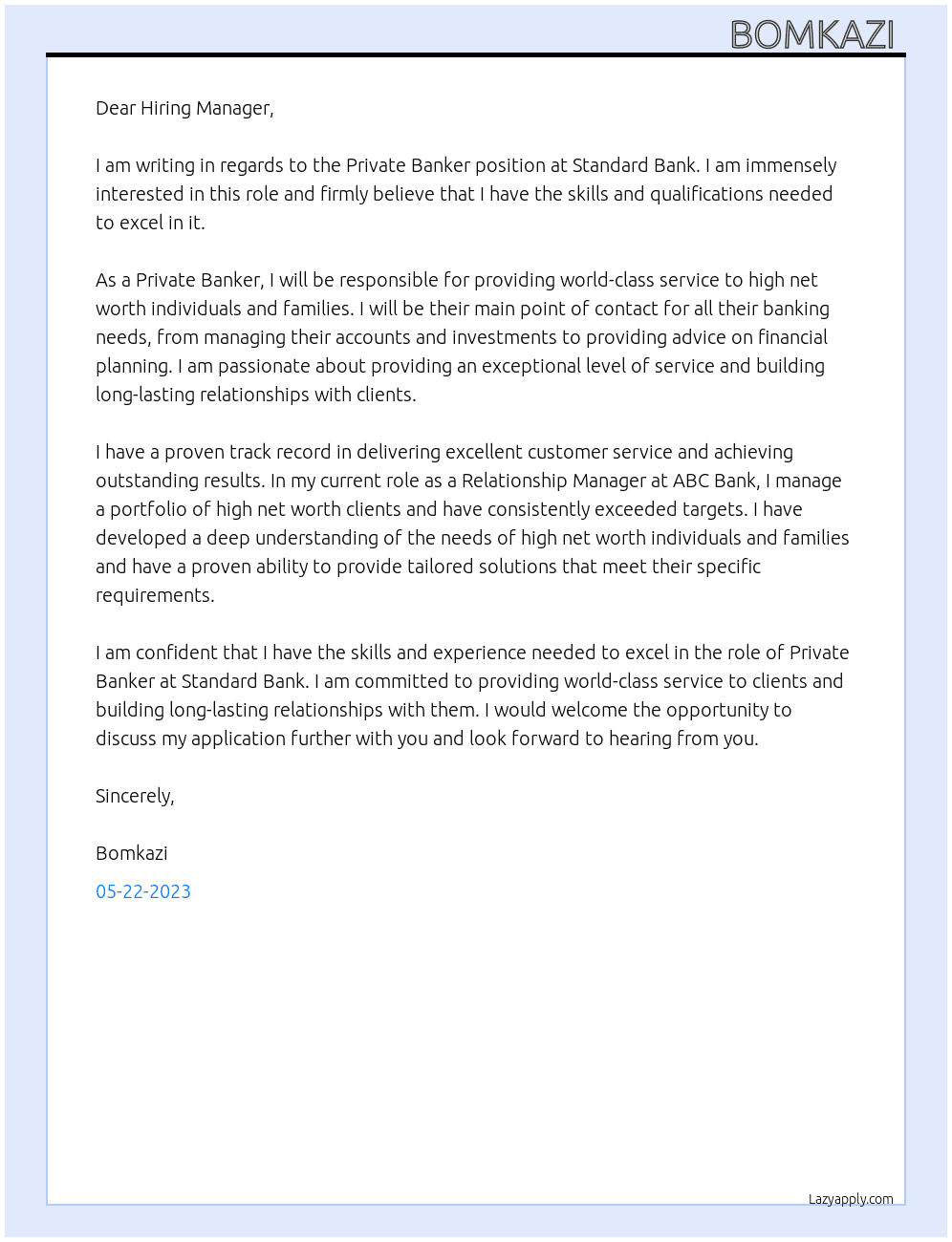 Private Banker At Standard Bank Cover Letter
