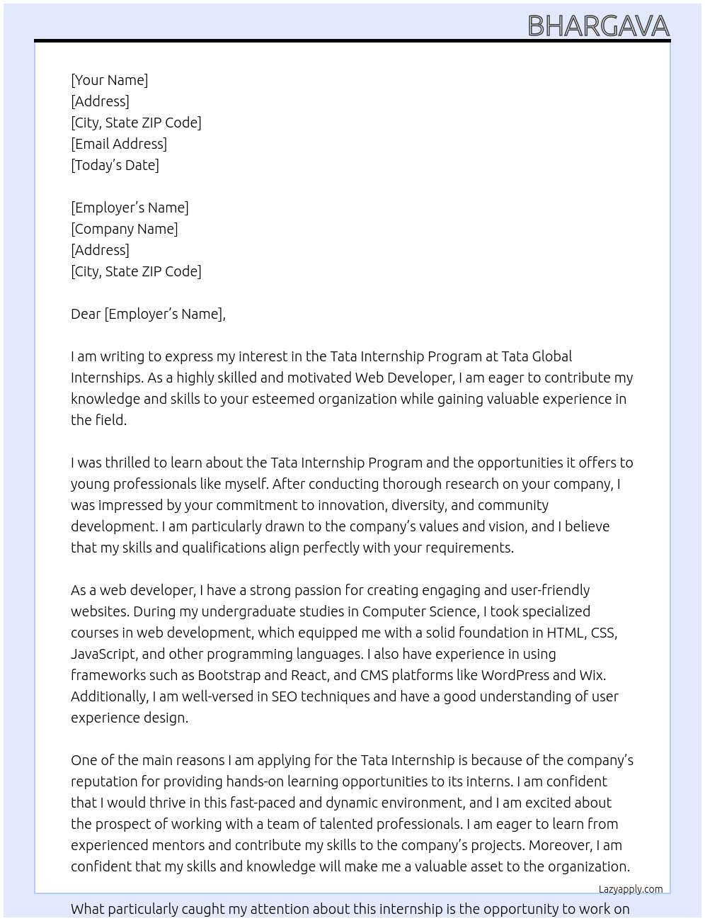 tata internship At Tata Global internships Cover Letter