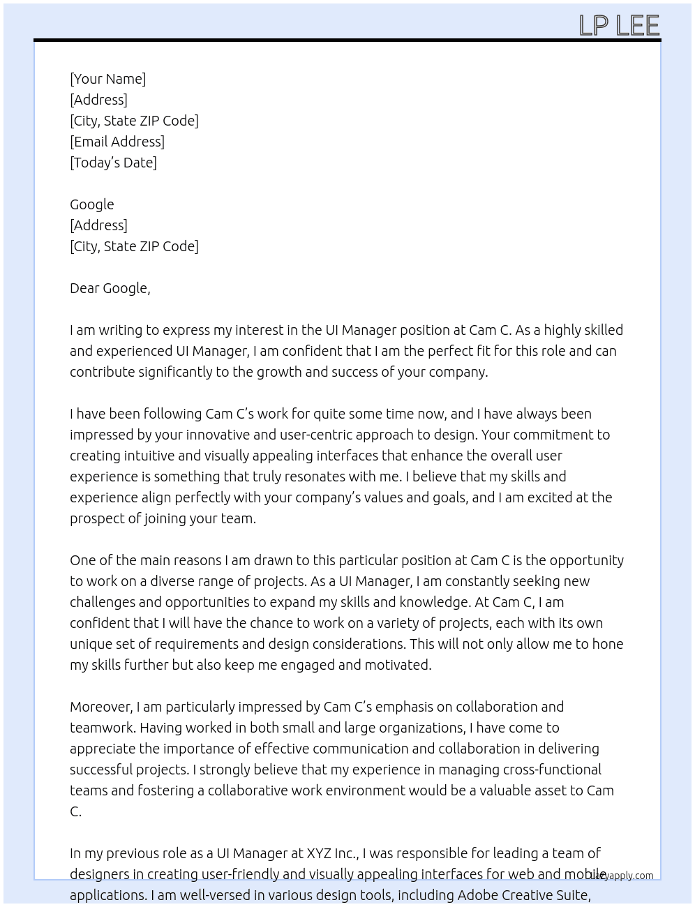 UI Manager At Cam C Cover Letter