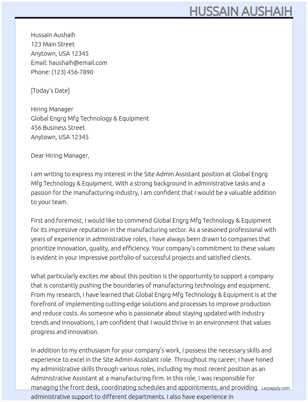 Site Admin Assistant At Global Engrg Mfg Technology & Equipment Cover Letter